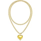 YEATMUE Chunky Gold Necklace for Women, Chunky Heart Necklace layered Puffy Heart Necklaces Long Thick Pendant Bold Statement Necklaces for Women Trendy