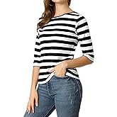 Allegra K Women's Elbow Sleeves Top Round Neck Slim Fit Basic Tee Casual Printed T-Shirt