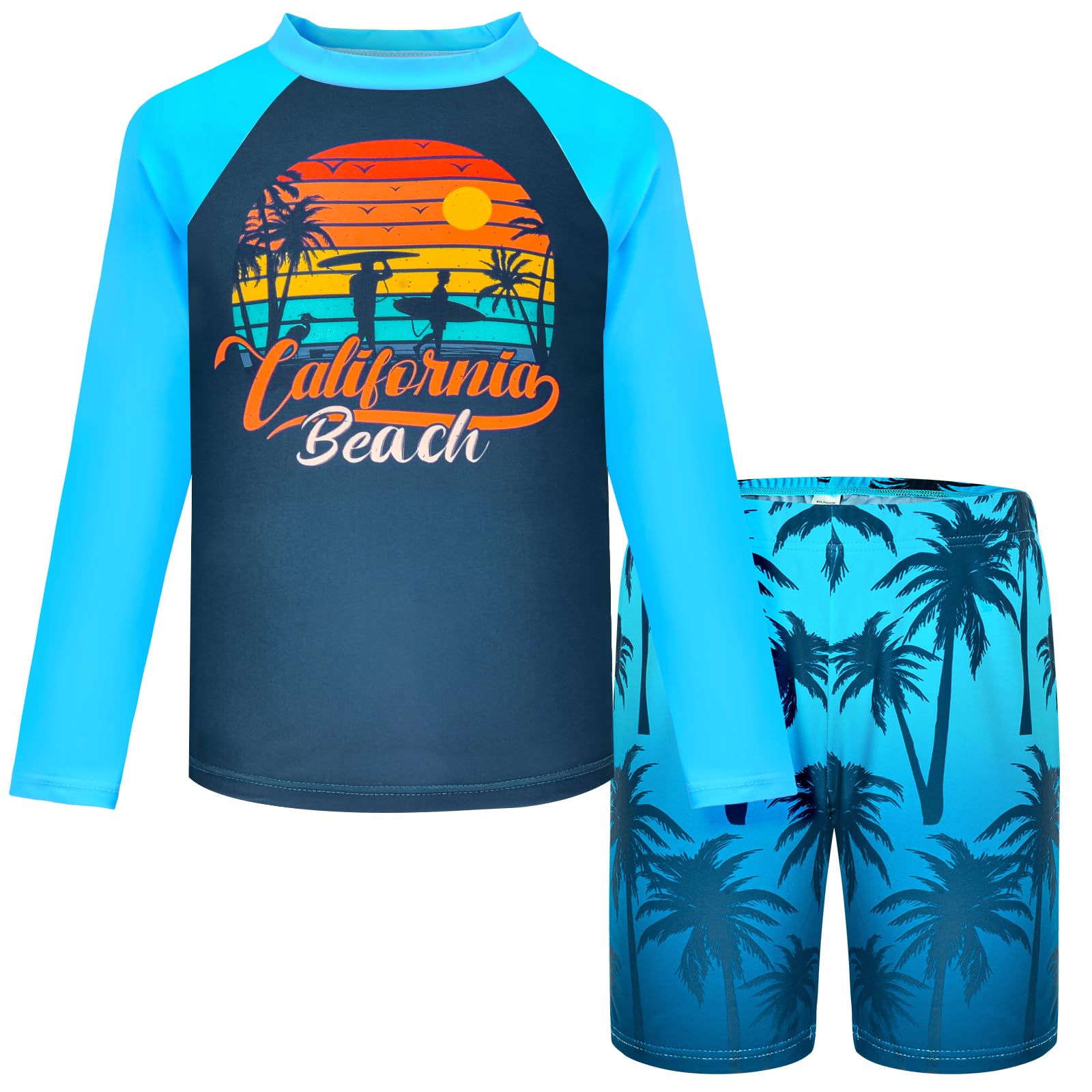 Photo 1 of Boys Two Piece Rash Guard Swimsuits Kids Long Sleeve Swimwear Sets Quick Dry Bathing Suit Beach Swim Short Hawaiian Size 8-9