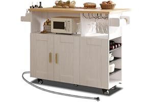 ASTRONAPE Rolling Mobile Kitchen Island, Island Table with Desktop Drop Leaf Countertop, Island Table Storage on Wheels, Rolling Kitchen Cabinet with Power Socket (White, with Countertop)