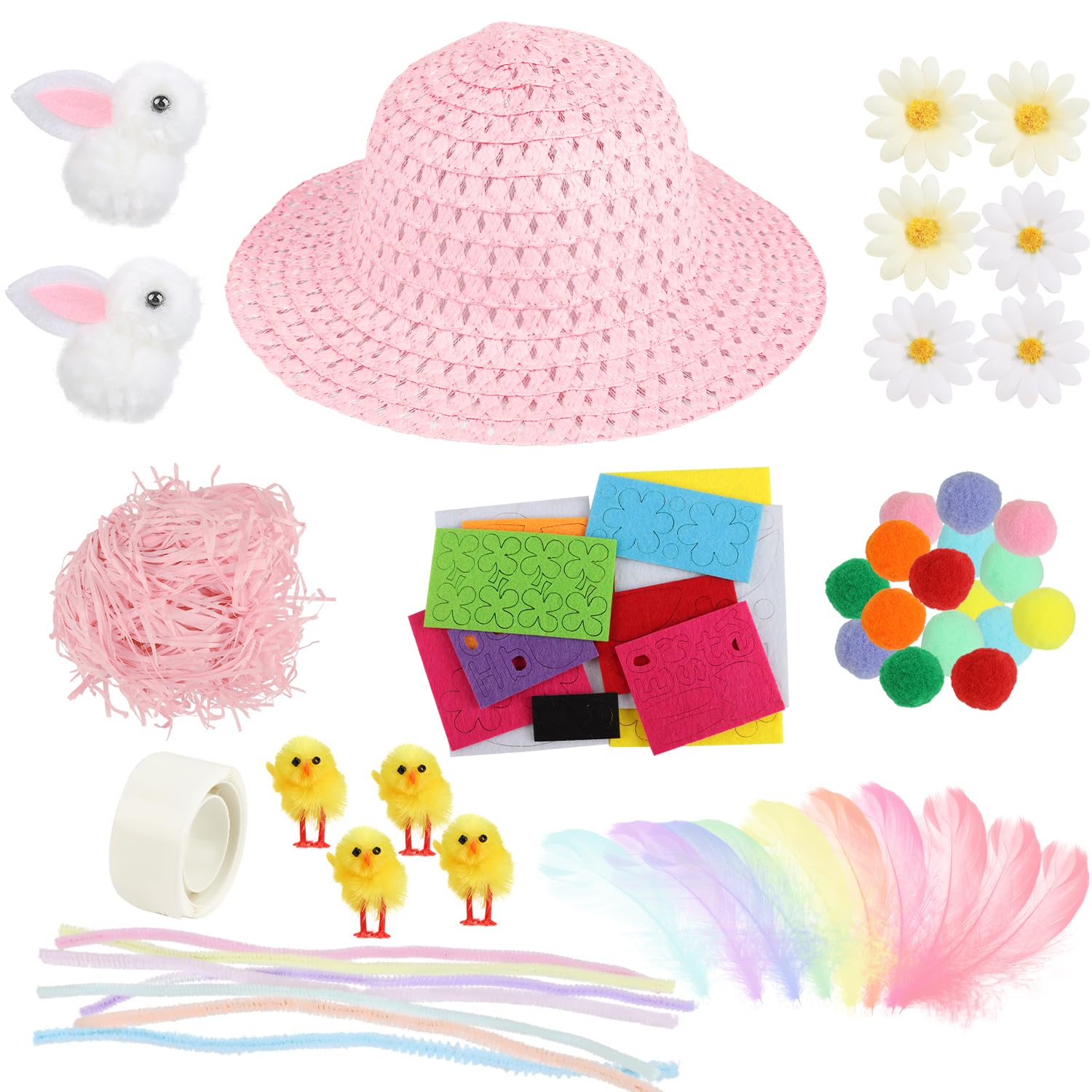 SULOLI Easter Bonnet Decorations Kit,Easter Hats to Decorate Make Your Own Easter Bonnet Easter Bonnet Hat for Kids Easter Bonnet Making Kit for Girls(Pink)