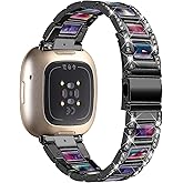 Feigand Bling Resin Bands Compatible with Fitbit Versa 4/Sense 2/Versa 3/Sense, Shinny Metal Bracelet Straps Luxurious Rhinestone Replacement Wristband for Women