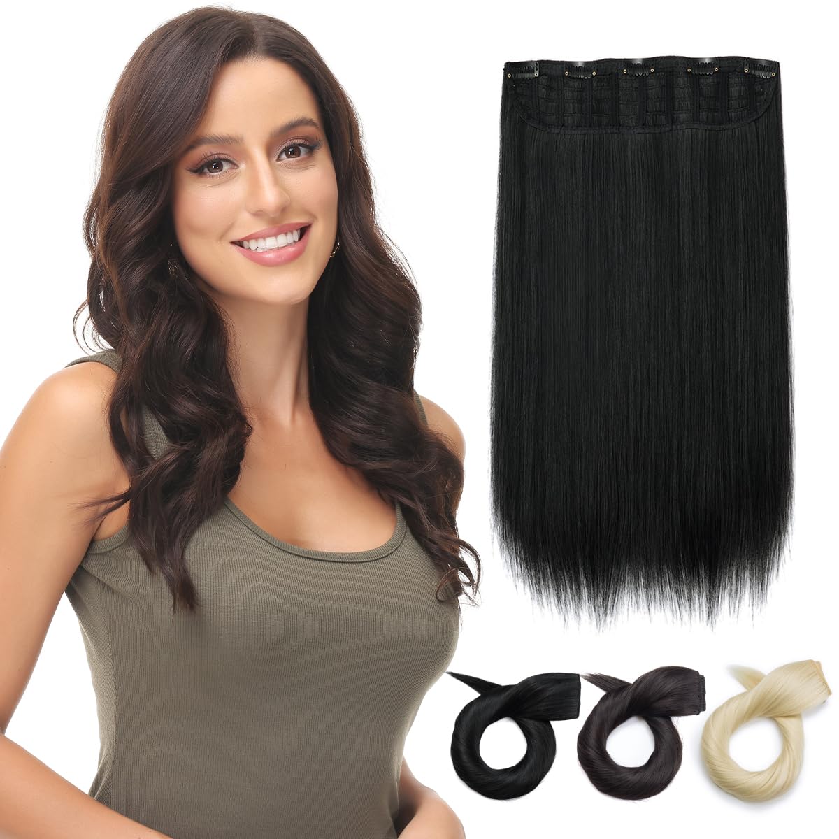 Yamel Clip in Hair Extensions One Piece 5 Clips Long 20 inch Natural Black Straight Synthetic Hairpieces 3/4 Full Head Clip in Hair Extension