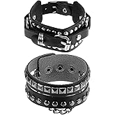 Apausvcm 2 Pcs PU Leather Spike Bracelet for Men Women, 80s Vintage Punk Rock Bracelet Gothic Adjustable Black Studded Wristband Emo Accessories for Rocker Outfits