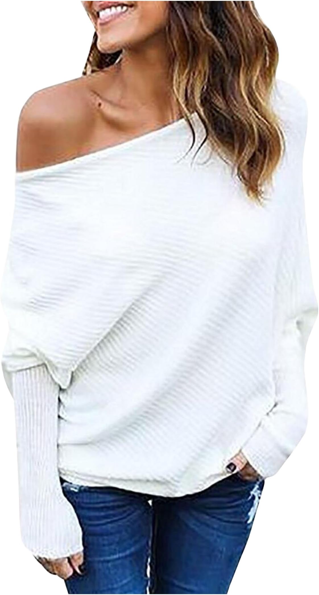 Zaywind Women's Sexy Sweatshirt Batwings Sleeve Cardigan Casual Knit Sweater Off Shoulder Top