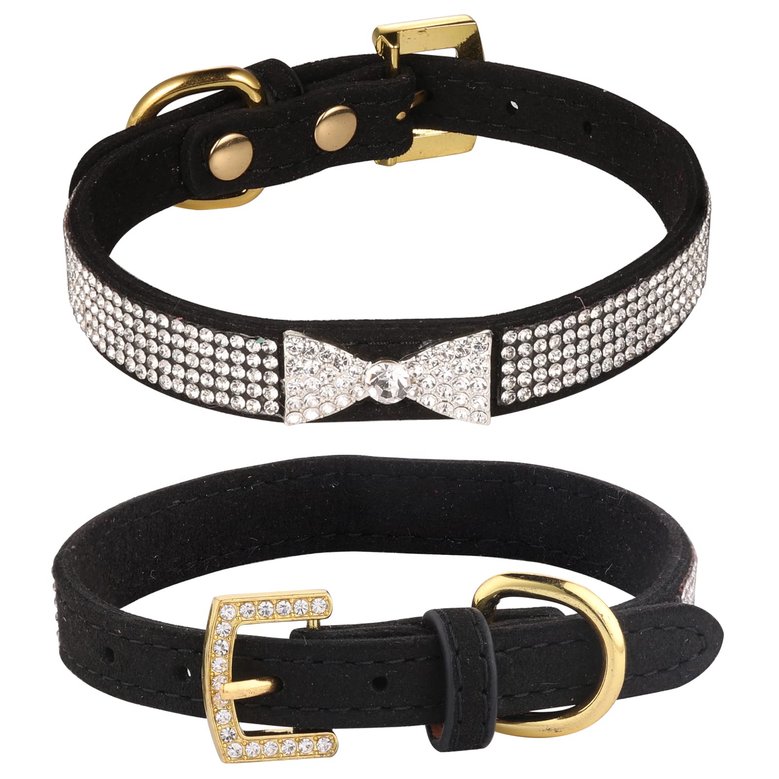 LOVPE Cat Collar,Dog Collar Diamond Crystal Bow-Knot Tie Collar,Golden Rhinestone Buckle and Comfortable Velvet Leather with 5 Rows Bling Rhinestone Collar for Small Dogs Medium Cat (XS, Black)