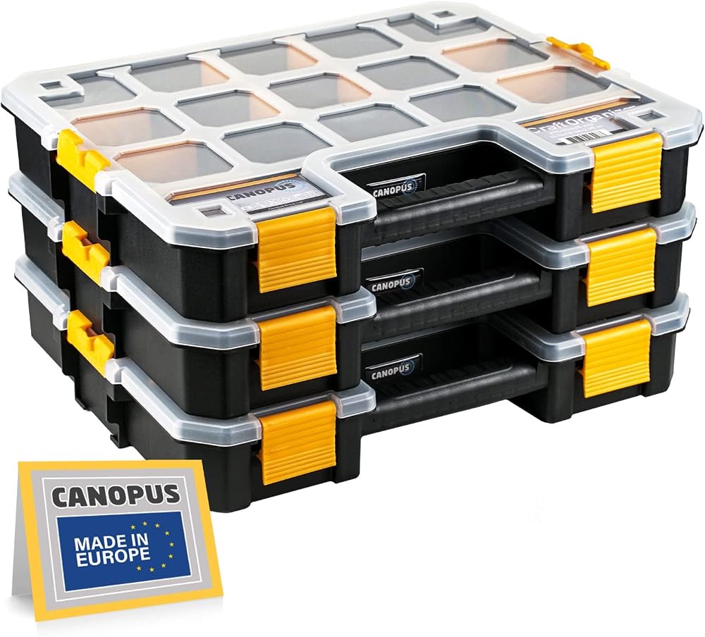 CANOPUS 3pc Heavy Duty Storage Organiser Stackable Cases with Adjustable