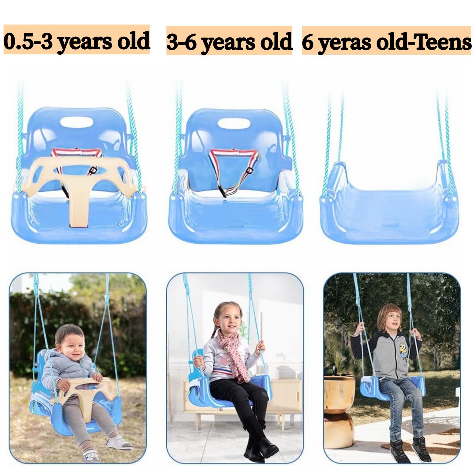 3-in-1 Toddler Swing Seat, Baby Swing Outdoor, Anti-Flip Snug & Secure Detachable Infants to Teens Kids Swing Seat for Indoor Outdoor Playground