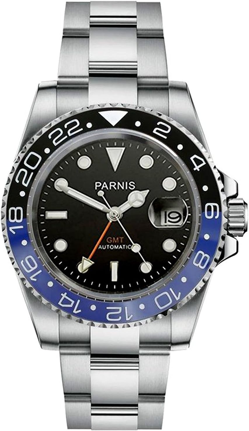 WhatsWatch Parnis 40mm Sapphire GMT Ceramic Bezel Black Dial Automatic Men's Watch -381
