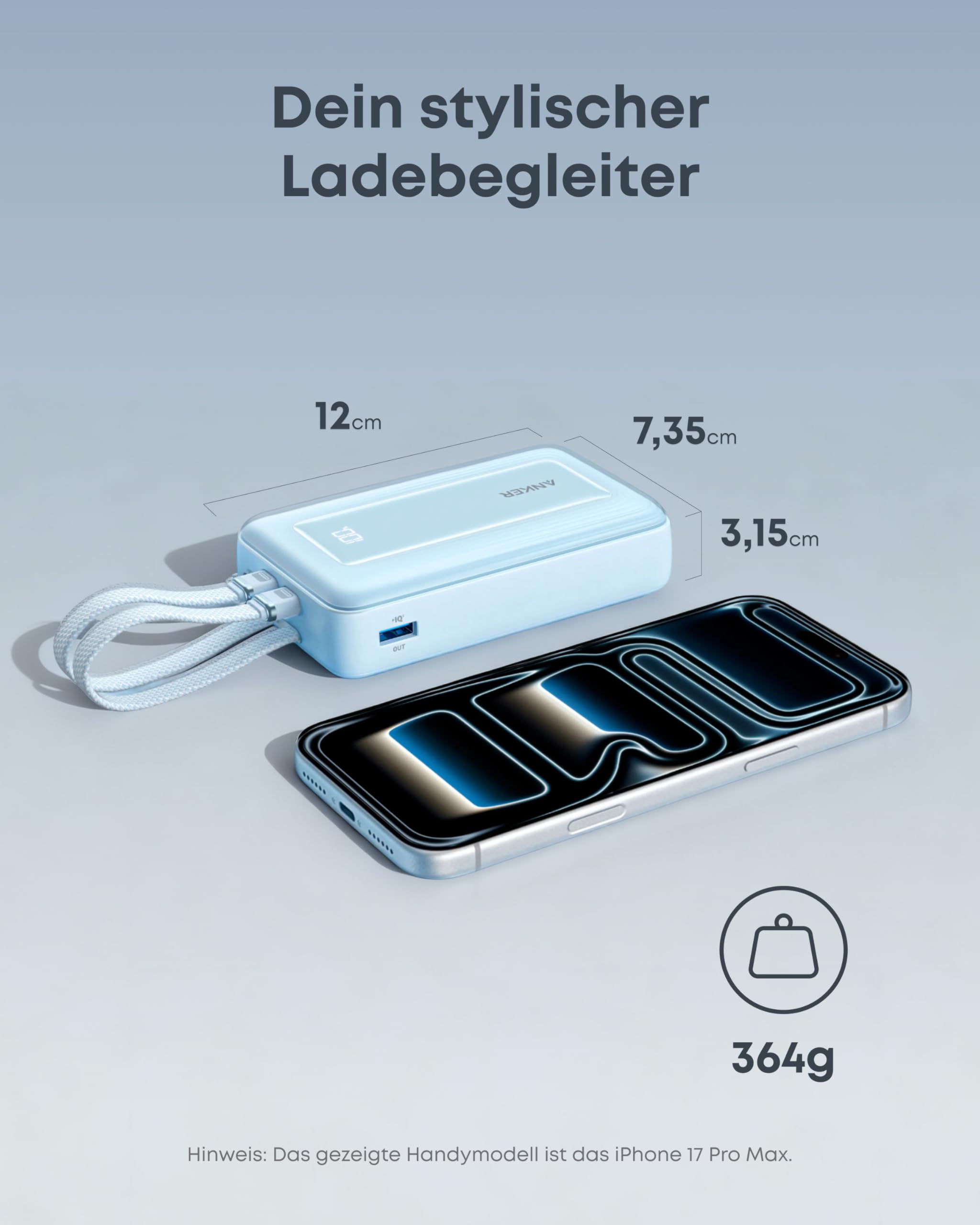 Anker Zolo Powerbank 20000mAh 45W Max, 2 integrierte USB-C Kabel 7