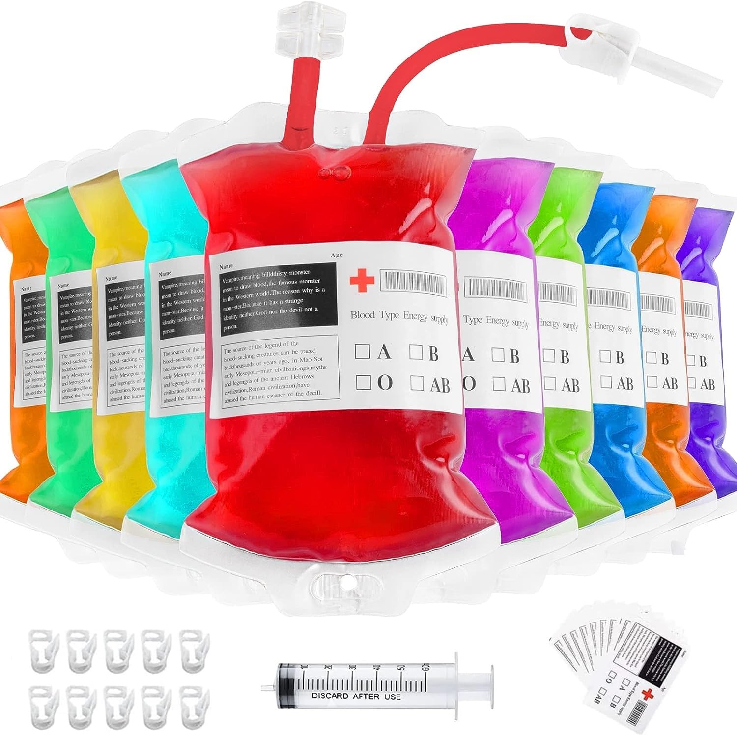 DSLIHA 10Pcs Halloween Blood Bags for Drinks, Blood Bag with Syringe Clips Blood Type Sticker, Reusable Halloween Decorations Blood Pouches, Blood Drinks Container for Halloween Zombie Cosplay Party