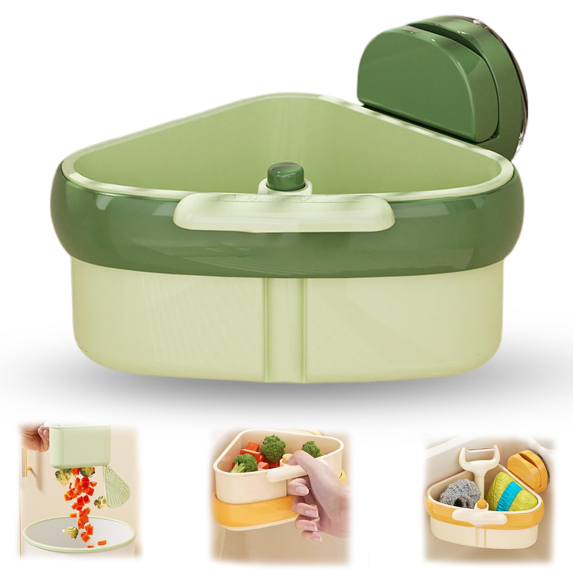 Photo 1 of Suction Cup Sink Corner Rack, Suction Cup Press Sink Drainer Basket, Sink Strainer Basket, Sinks Trash Food Waste Catcher, Triangle Storage Rack with Drain Hole (Green)