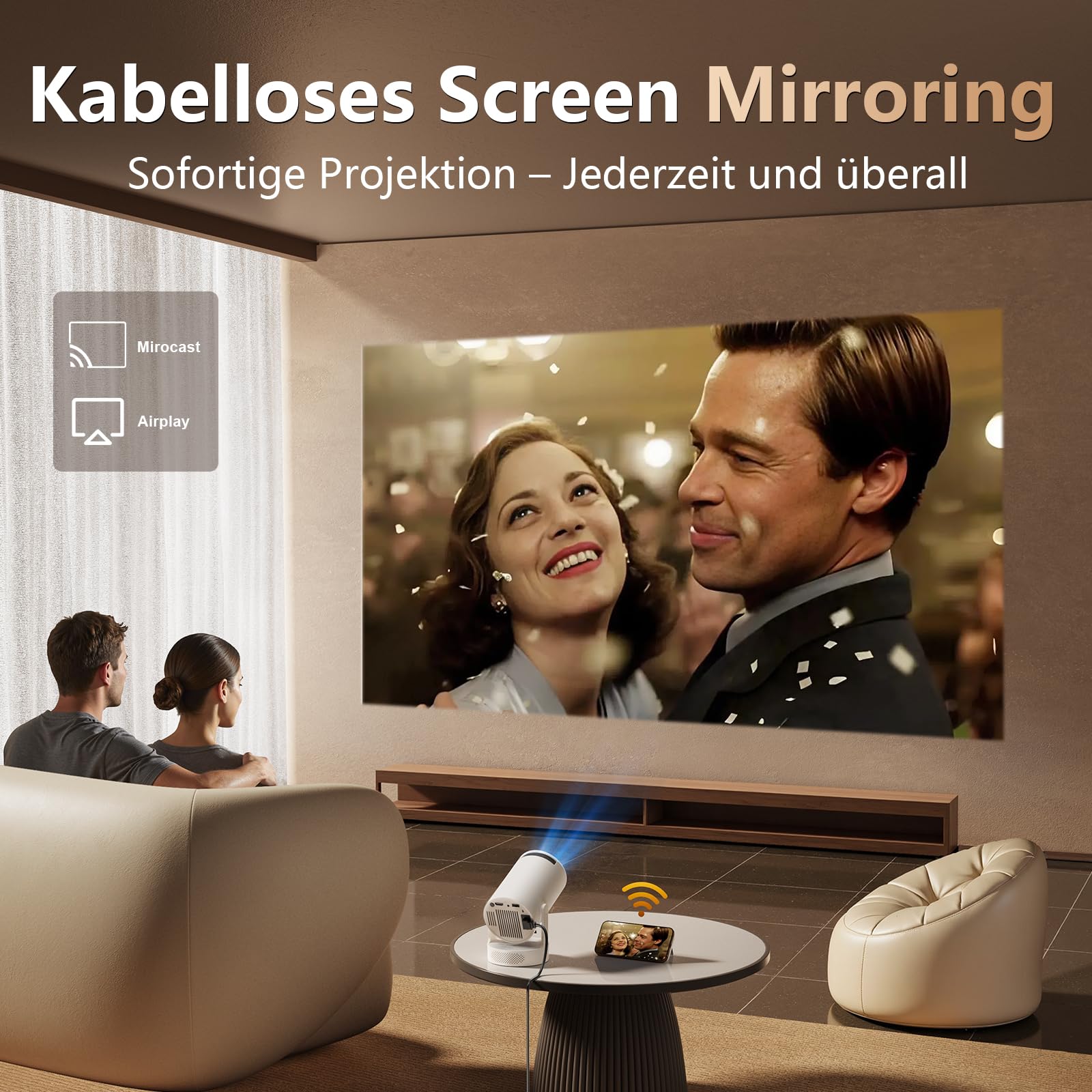 Smart Mini Projector, Upgraded Hi-Fi Mini Projector with 4K 1080P Support, 300 ANSI Lumens, WIFI6 & Bluetooth & Car Keystone Video Projector for Bedroom, Home Cinema