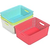 Rocketmyth Medium Plastic Woven Storage Basket, Colorful Storage Basket, 4 Packs