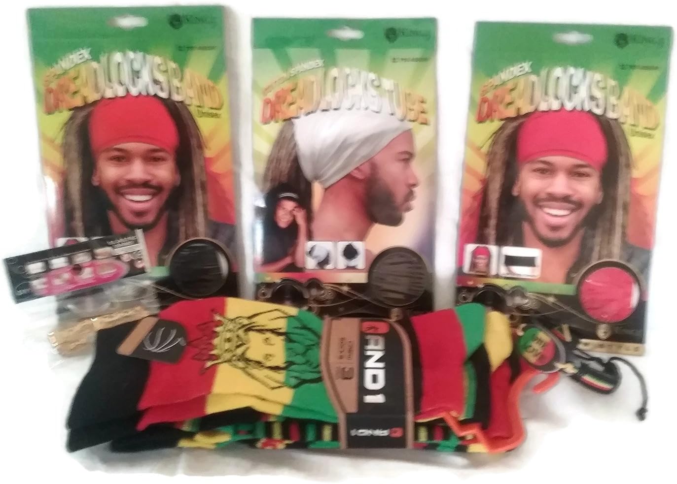 Red & Black Spandex Dreadlocks Band, Brown Dreadlocks Cotton Spandex Tube, 3 Pair of And1 Crew Socks, Elastic Bands, and One Love Bracelet Bundle - 8 Items