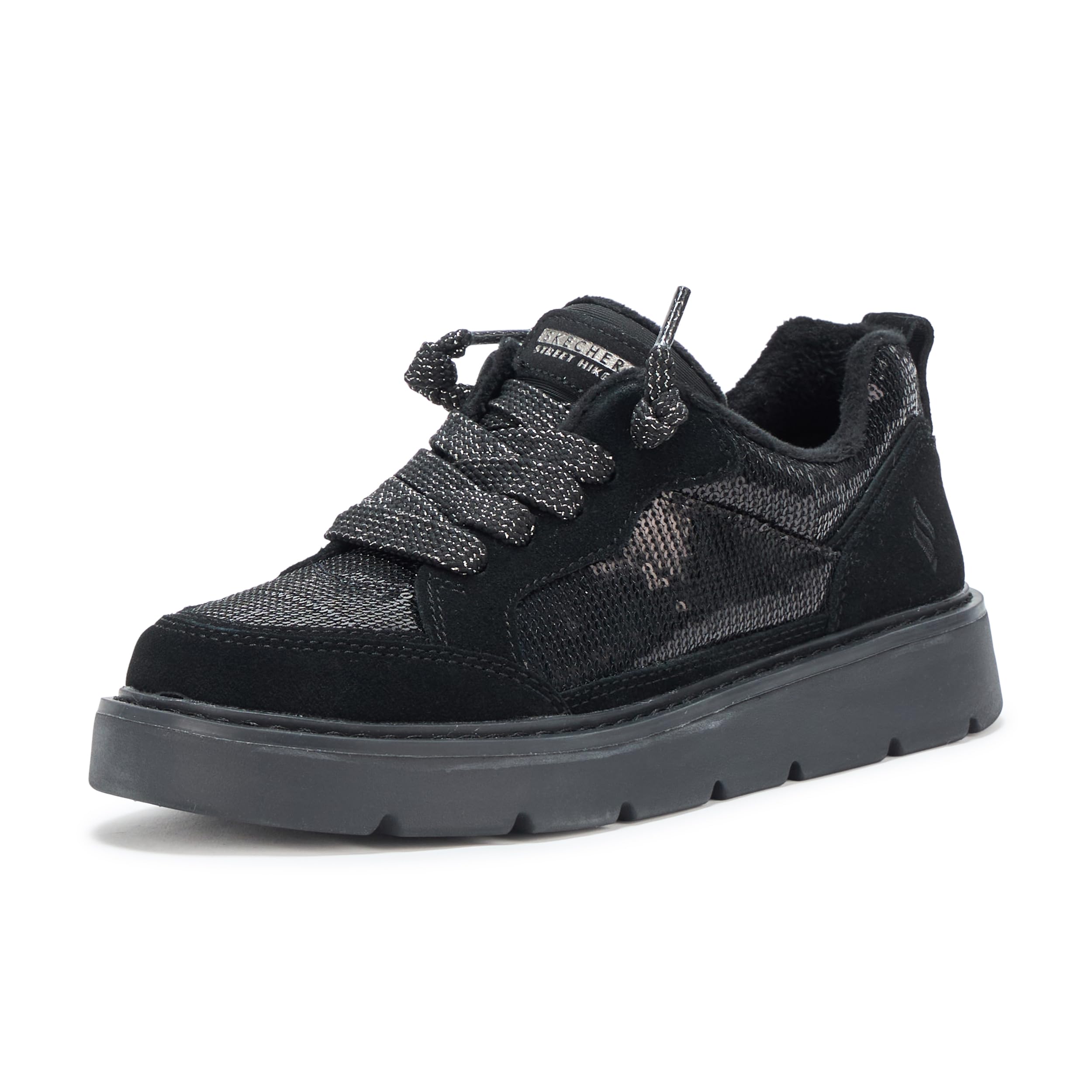 Skechers Women’s Keepsakes Cozy – Street Hiker Glam, Classic lace up with Sequins, Black/Black, 10M