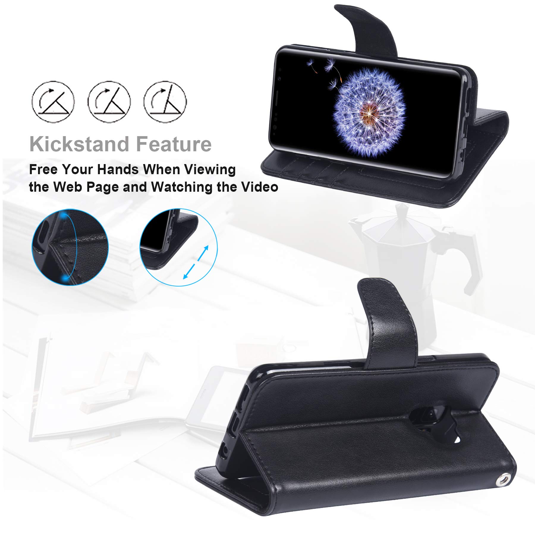 Galaxy S9 Case, Arae [Kickstand Feature] PU leather wallet case with [3-slots] ID&Credit Cards Pocket for Samsung Galaxy S9 - black