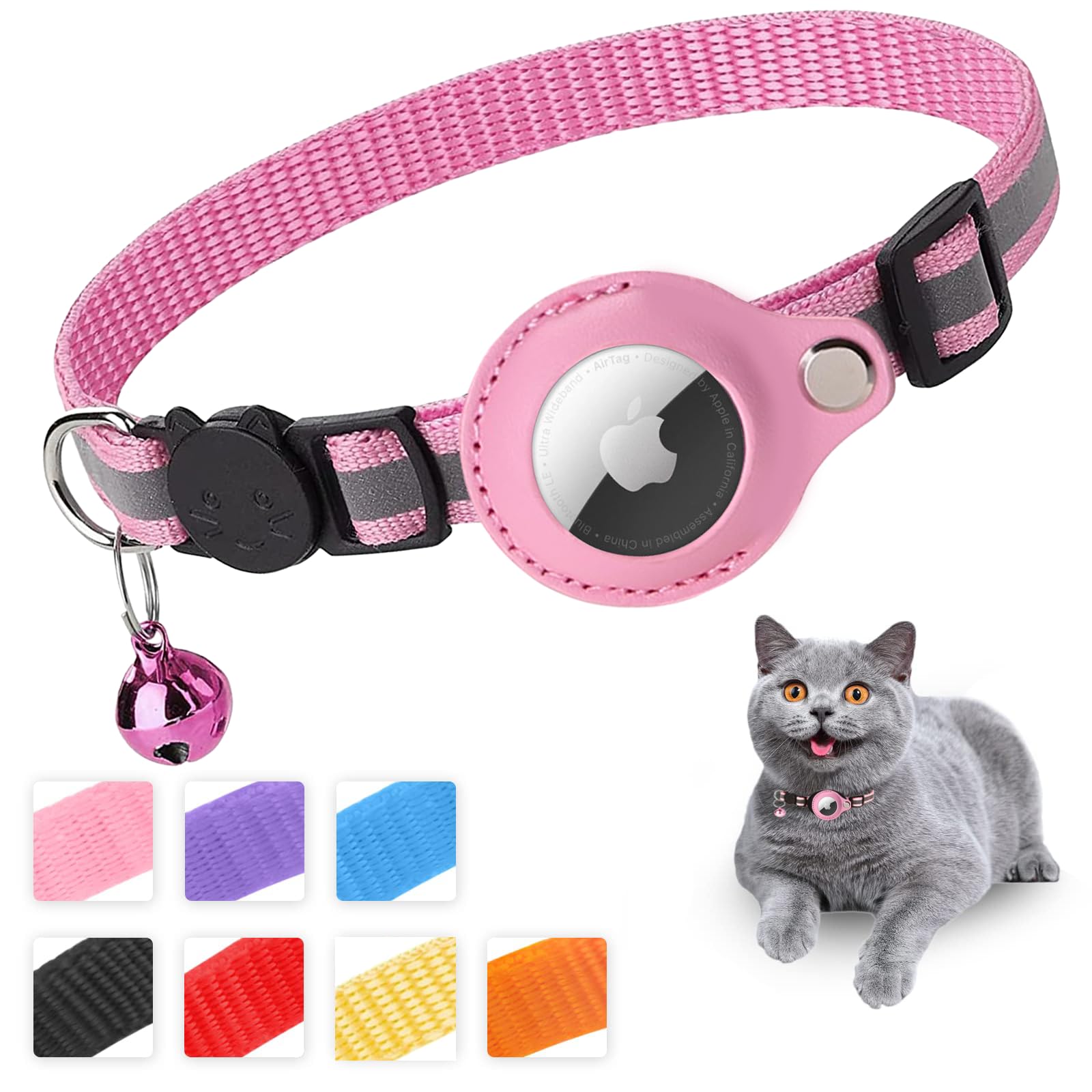 Mouyou Airtag Cat Collar, Airtag Collar Cat Soft Nylon Reflective with Bell and Safety Clasp, Tracking Cat Collar with Holder, Airtag Case, Adjustable from 22-35 cm, Pink
