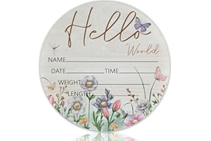 CLHHM Hello World Butterfly Theme Baby Name Sign Birth Announcement Plaque with Name Date Weight 6" Round Birch Wood Nursery Decor Newborn Hospital Keepsake Gift for Parents