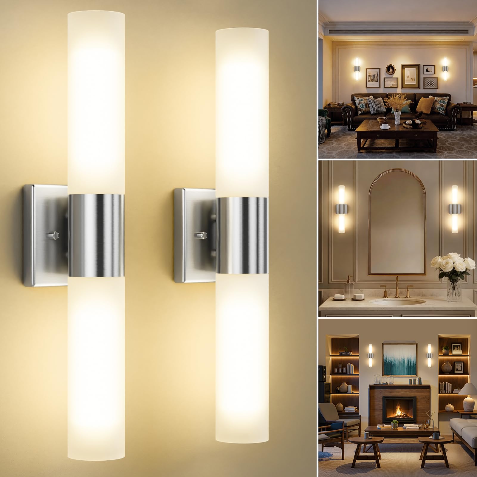 Photo 1 of Bathroom Wall Sconces Set of Two, 21 Inch Modern Vanity Lights with Frosted Glass Shade, Bathrooms Vanity Lighting Fixtures for Mirror Bedroom Living Room Hallway (Silver)