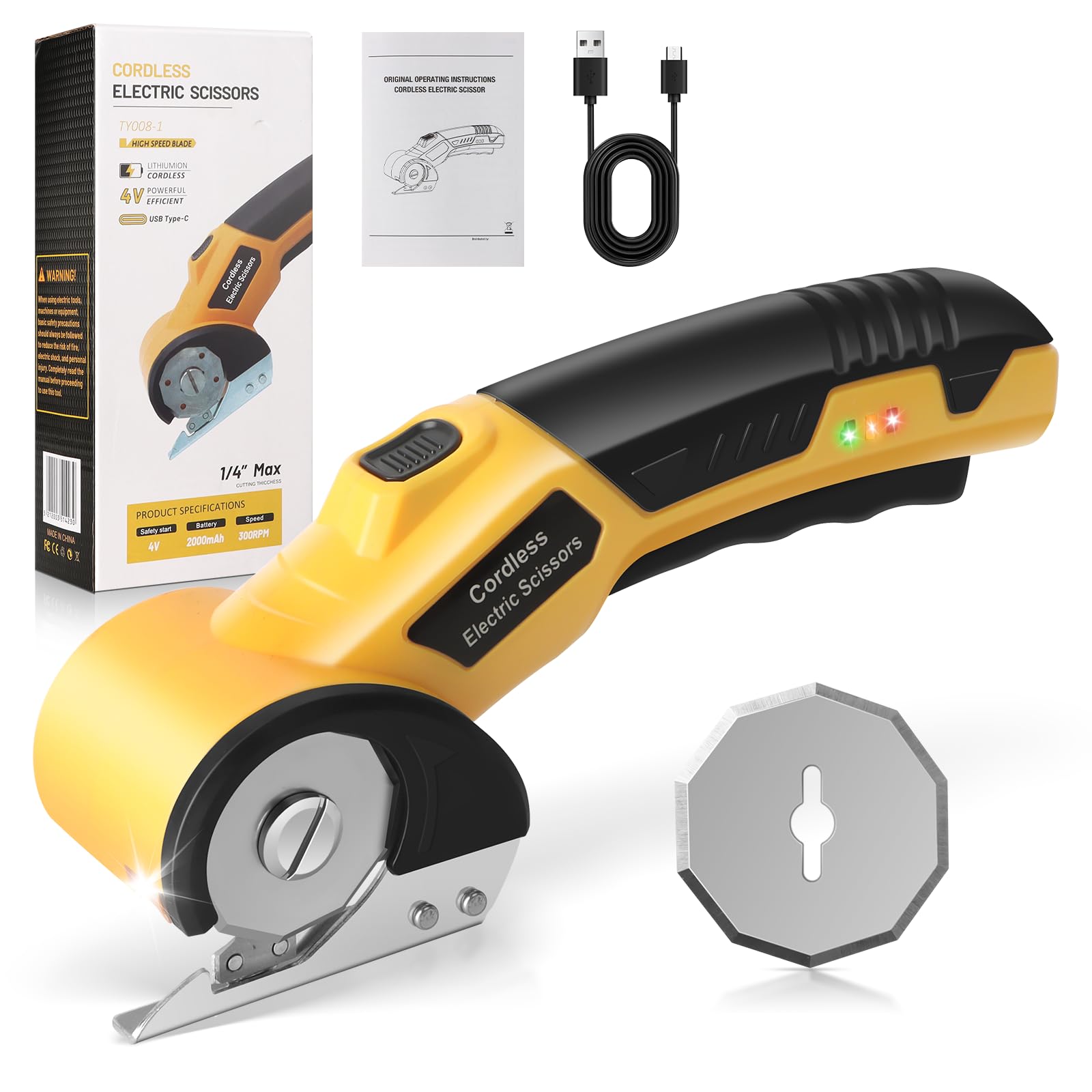 Cordless Electric Scissors, Cardboard Cutter, Electric Box Cutter with Safety Lock & LED Light, 4V Rechargeable Rotary Cutter