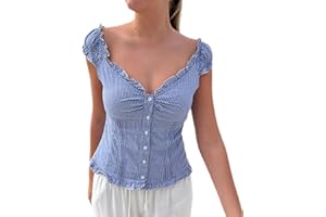 Women Y2k Lace Trim Button Shirt Slim Short Sleeve V Neck Ruched Babydoll Top Summer Retro Fairy Coquette Streetwear