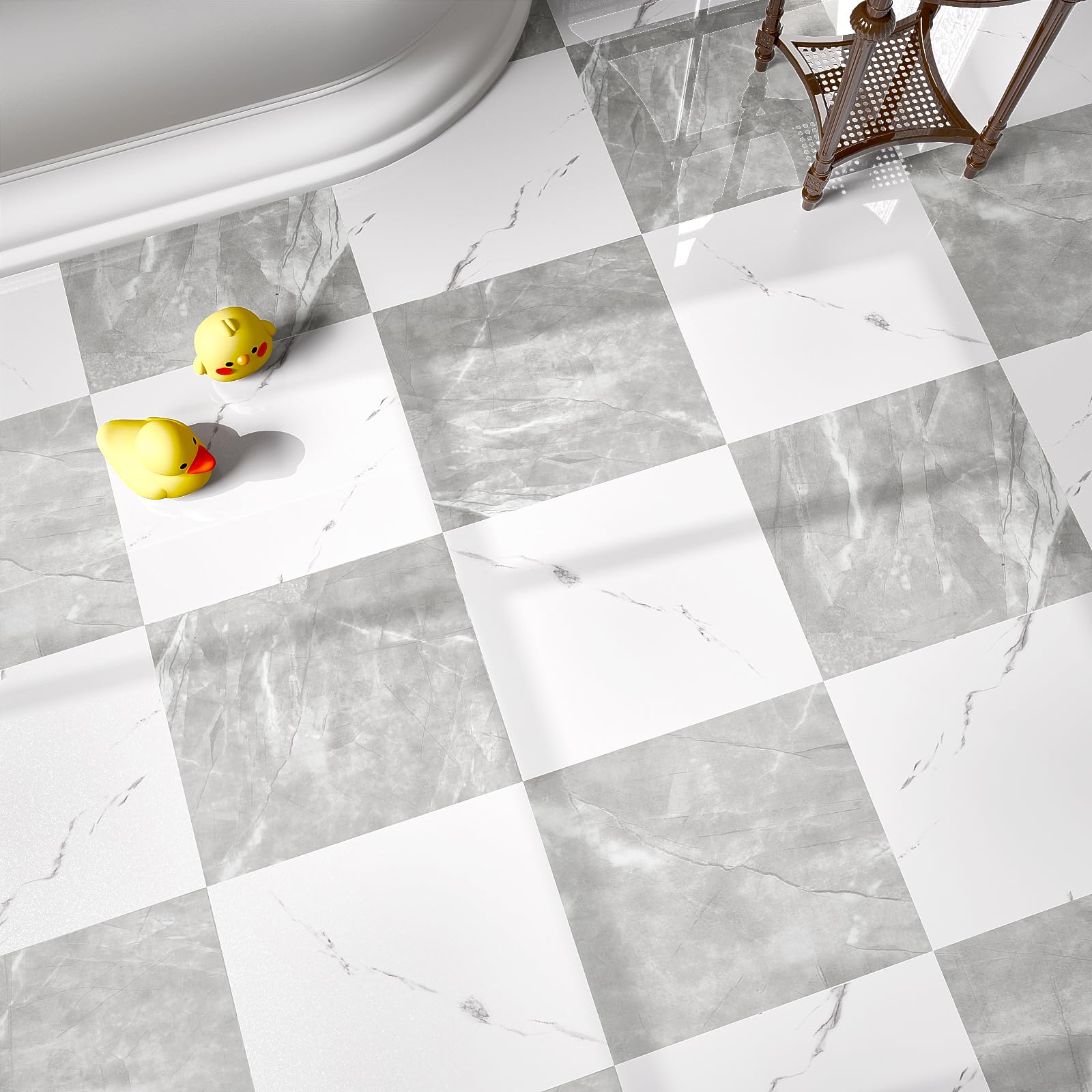 Photo 1 of 40-Pack Peel and Stick Tile Vinyl Floor Glossy 12x 12 inch, Waterproof Stick on Tiles for Bathroom, Kitchen, Dining Room, Cover 40 Sq. Ft, Light Grey&White Marble (20 per Color)