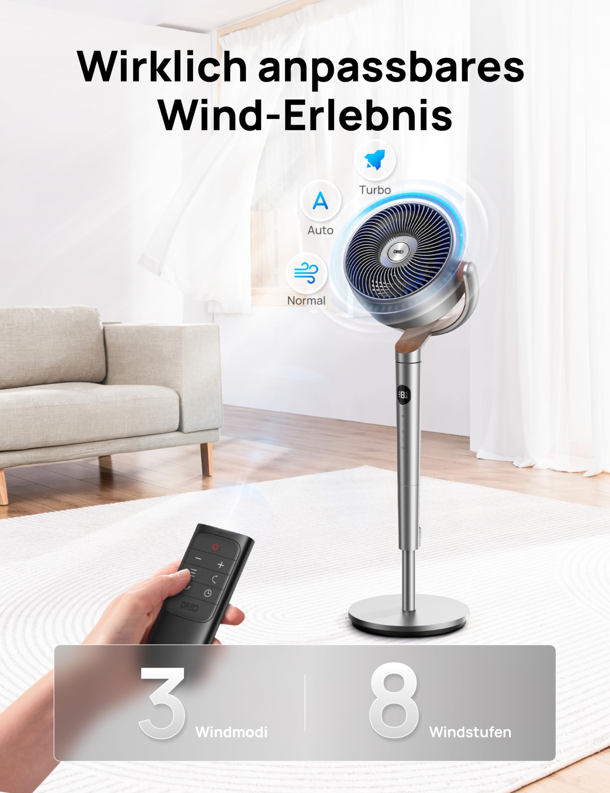 DREO 23 dB leiser Standventilator, 120°+120° Omni-direktionale oszillierende Ventilator, 27 m Windentfernung, 1615 m³/h Luftvolumen Echt Turbo-Luftzirkulator Fans, 102CM Höhe 3 Modi 8-Geschwindigkeit 6