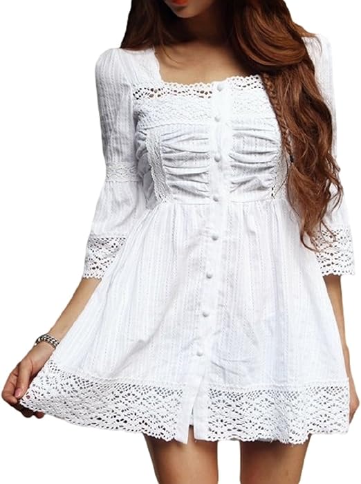 Amazon レディース ワンピース チュニック チュニックワンピース 夏 コットン レース シャーリング ミニ スピーカースリーブ 美脚 ビーチ リゾート レジャー 通勤 通学 パーティ ドレス キュート 可愛いスカーフ付き Kk843 S イブニングドレス 通販