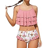Redair Girls Swimsuit 2 Piece Ruffled Bikini Top with Ruffled Bottom Summer Beach Teen Girl Bathing Suits for 6-14 Years