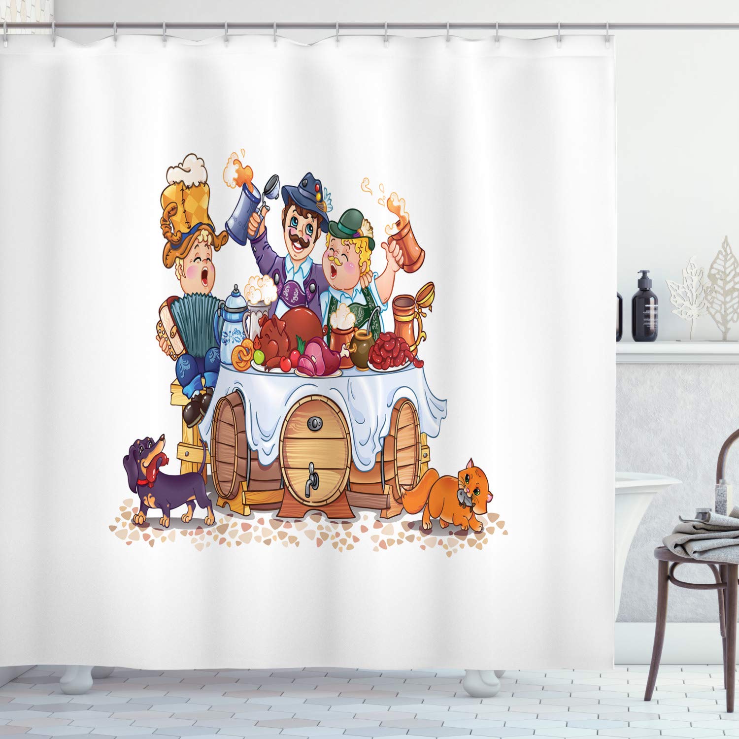 ABAKUHAUS Oktoberfest Shower Curtain, Colorful Bavarian Autumn Season Celebration Illustration with Beer and Pork, Cloth Fabric Bathroom Decor Set with Hooks, 94 Inches, Multicolor