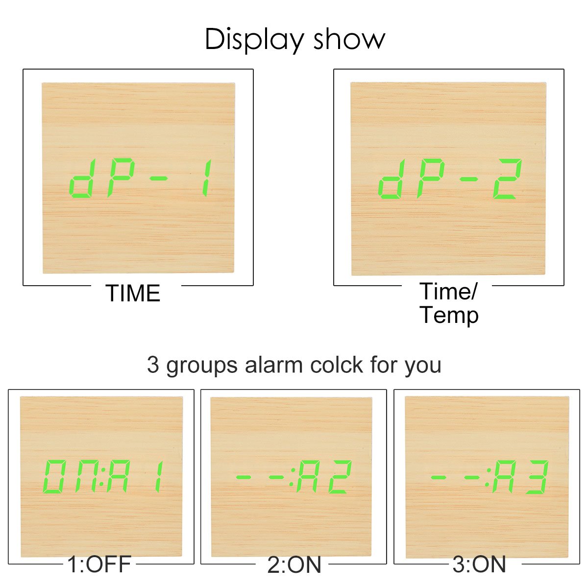 Soyion LED Réveil en Bois Affichage numérique avec Contrôle LED Horloge de Bureau Décorez Votre Maison et le Bureau, Alimenté par USB ou Batterie - Forme Cube (Bois cube & vert mot) (Square)