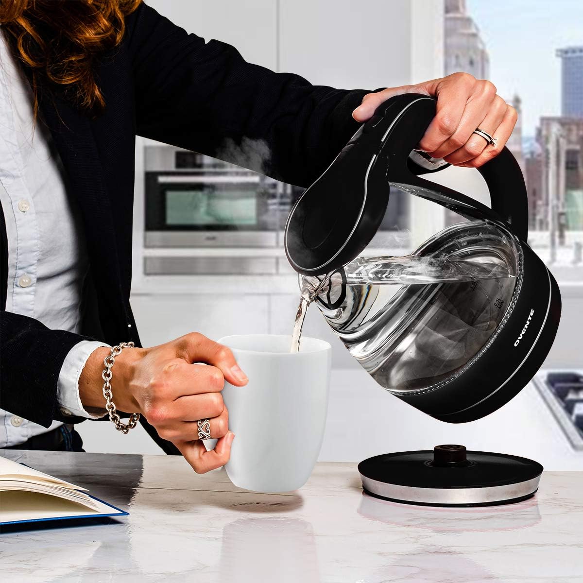 Ovente Electric Hot Water Portable Glass Kettle with Filter 1.5 Liter Stainless Steel Base Countertop Teapot & Auto Shutoff BPA-Free Fast Heating, Boil Dry Protection, Brew Coffee & Tea, Black KG83B: Kitchen & Dining