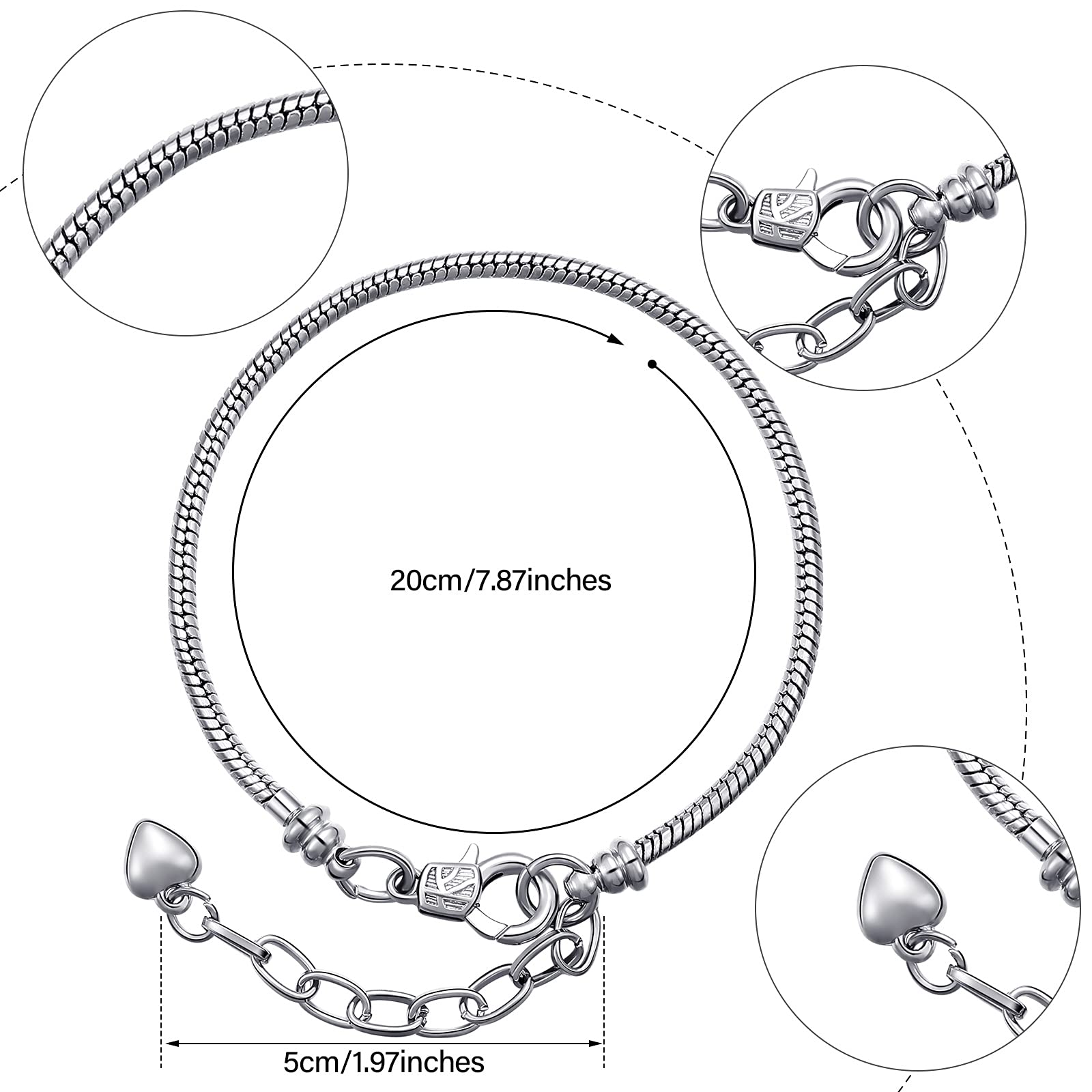 Hicarer 20 Pcs Chain Bracelet for Jewelry Making Women DIY Adjustable Snake Charm Bracelet with Heart Shape Extender Chain(Silver, Gold)