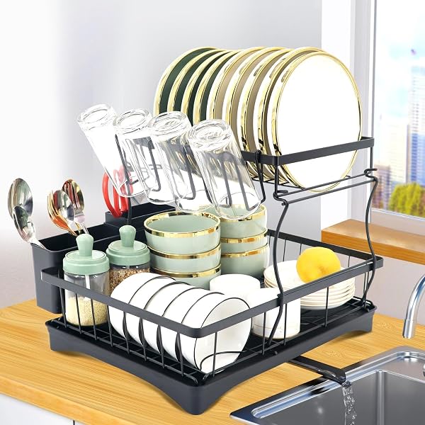 2-TIER DETACHABLE COUNTERTOP DISH DRYING RACK, PREMIUM CARBON STEEL, RUST RESISTANT LARGE CAPACITY DISH DRAINER WITH CUTLERY AND CUP HOLDER, BLACK