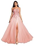 Beading Lace Tulle Prom Dresses with Slit Long