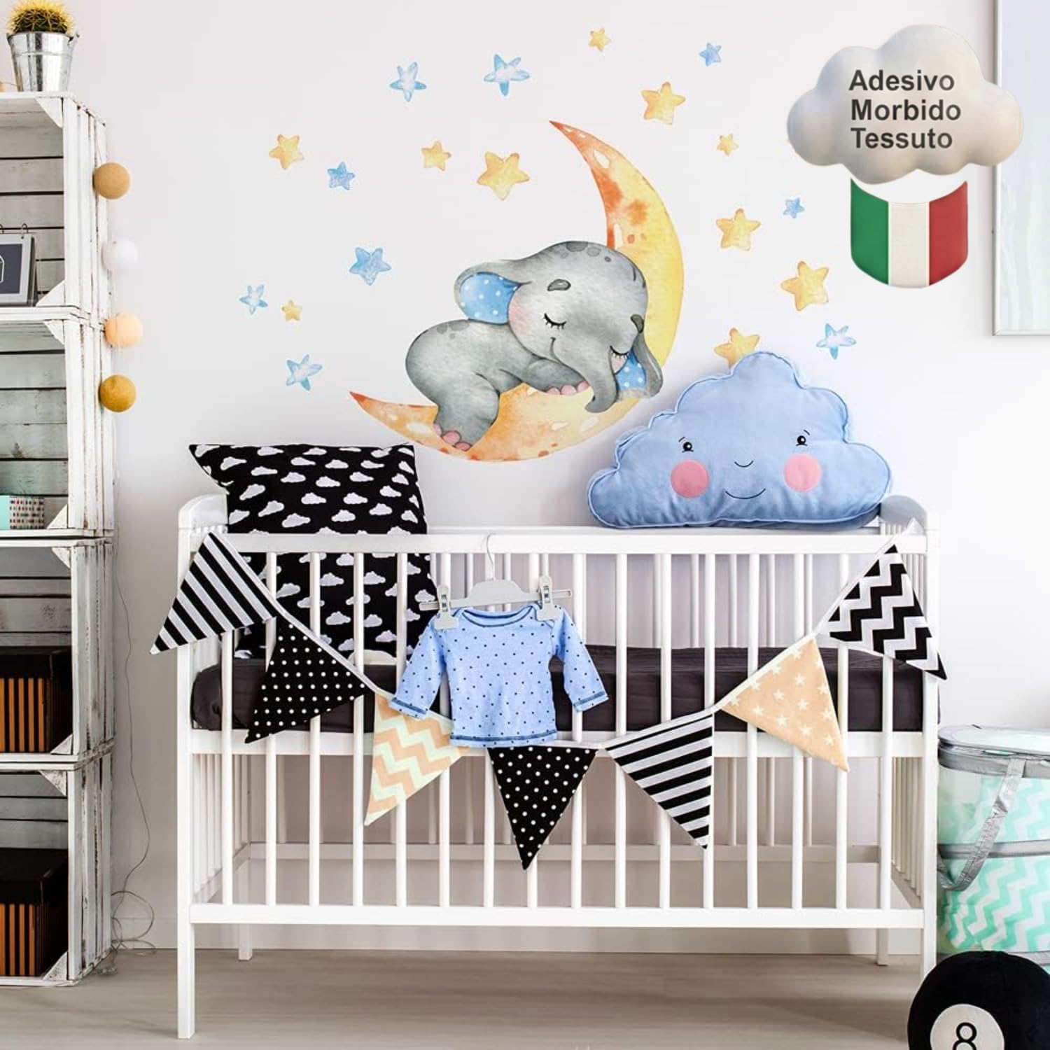 kina - R00583 Baby Wall Stickers Ecological and Hypoallergenic Soft Fabric Effect Repositionable Elephant on the Moon Golden Dreams Wall Decoration Newborn Nursery Nursery