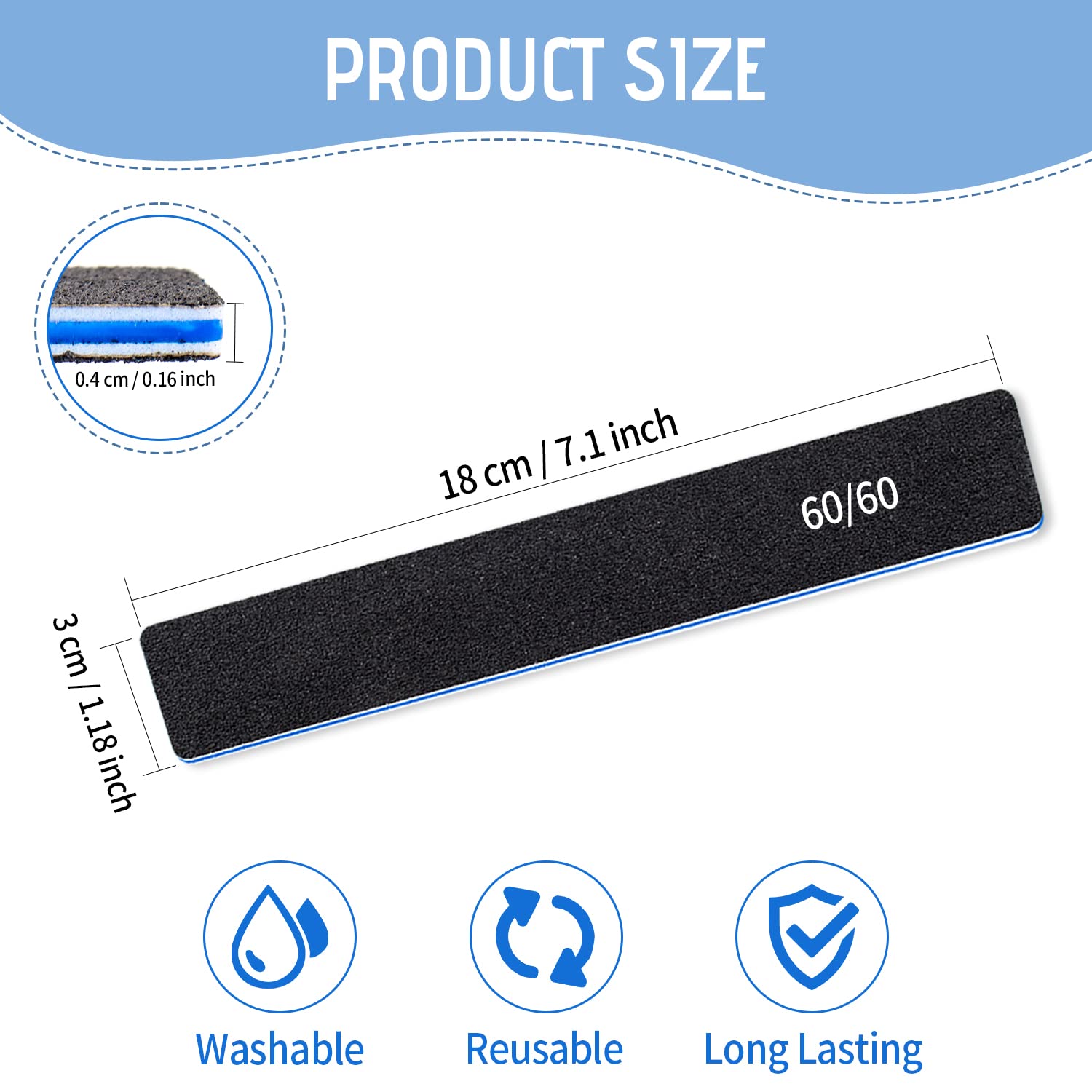 12 Pcs Professional Nail Files, 60/60 Grit Nail Files for Acrylic Nails Gel Nails, Double Sided Emery Board for Nails, Reusable & Washable Coarse Nail File for Home and Salon Use