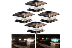 HUYIENO Solar Post Cap Lights Outdoor LED Lighting Deck Fence Cap Light 9 Light Modes Bright White/7 Color Fixed Modes/7 Color Cycling Mode Suitable for 4x4 5x5 Wooden Posts Brushed Copper 4pk