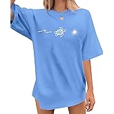 QAUN Sea Turtle Shirts Women: Oversized Hawaiian Shirt Beach Graphic T-Shirt Turtle Graphic Tee Casual Vacation Tops