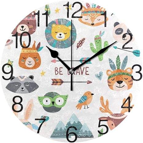 Amazon Co Jp 面白い部族野生動物園動物デザイン丸い壁時計 サイレント非カチカチ油絵装飾ホームオフィススクールクロックアート ホーム キッチン