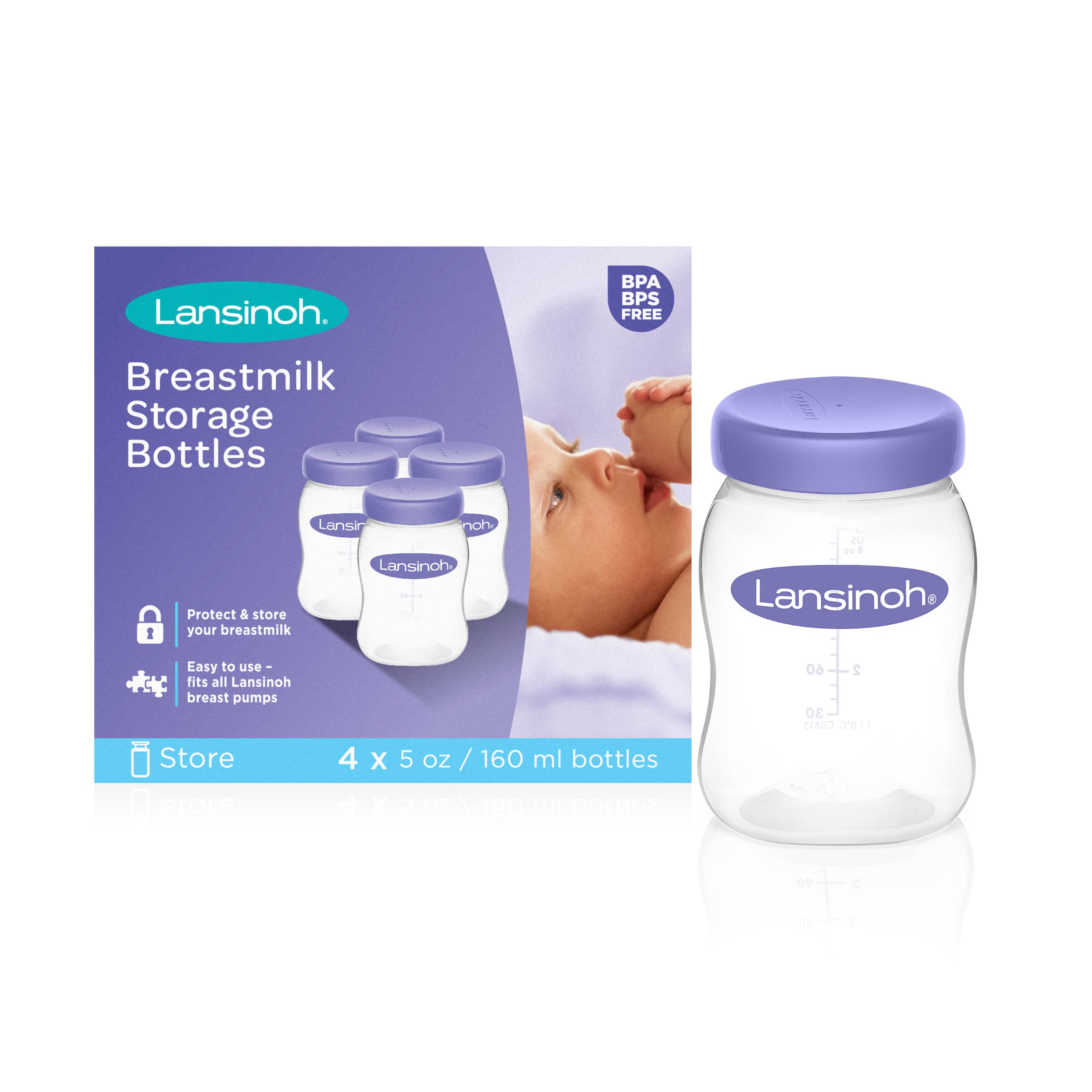 Lansinoh Breastmilk Storage Bottles Pack of 4 (160ml) fits NaturalWave teats, BPA & BPS free, Fridge or freezer storage, purple