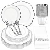 Glowserve 175 Plastic Dinnerware Set Silver Disposable Dinnerware Set for 25 Guests Include 50 Plastic Plates,25 Silverware Set,25 Cups and 25 Napkins for Christmas Party Wedding Thanksgiving