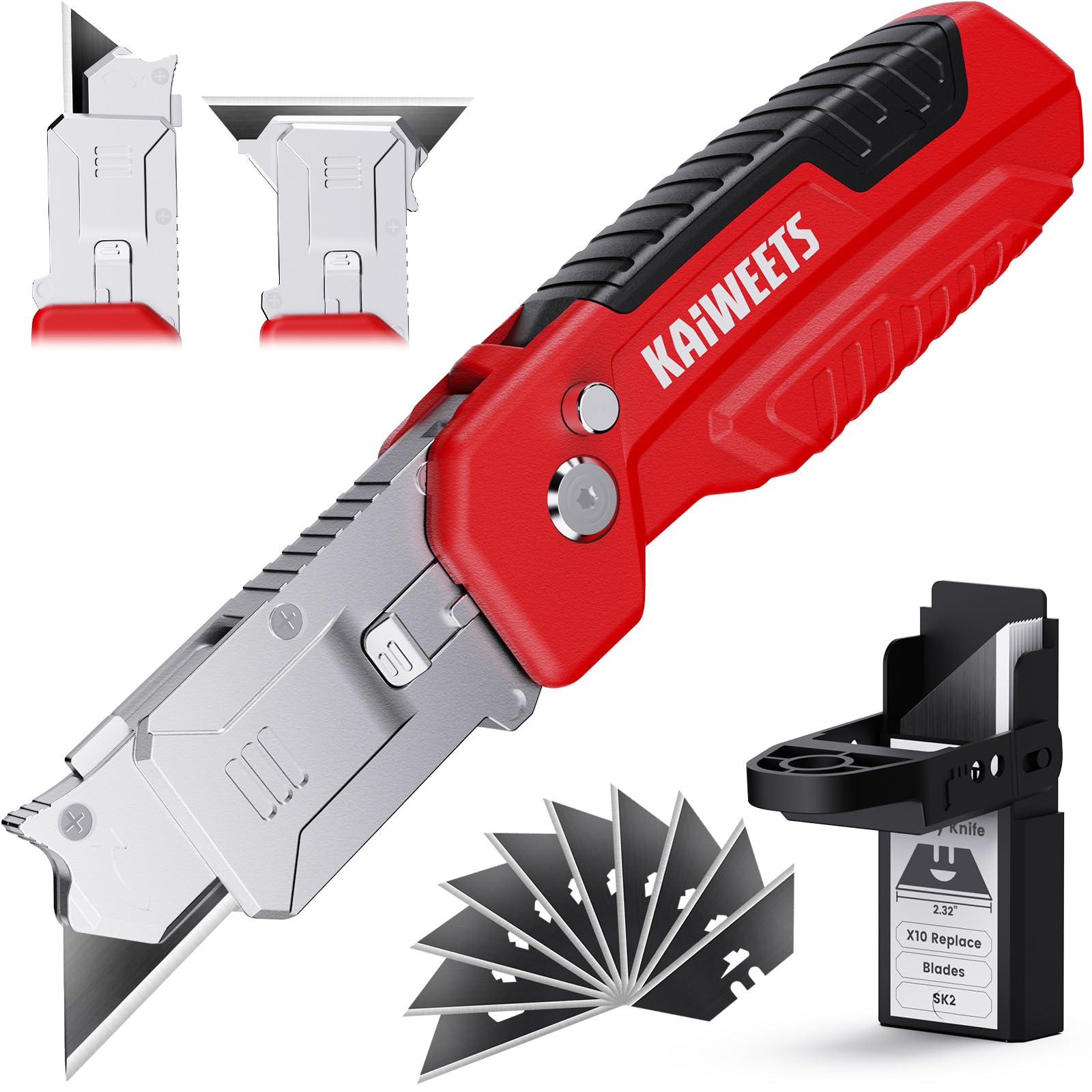 Photo 1 of KAIWEETS Utility Knife Scraper, 2-in-1 Folding Box Cutter with Blade Storage, Heavy Duty Zinc Alloy Body, Retractable Design, 12pcs SK2 Black Blades replacement, EDC Tool for Home, Office, DIY– Red