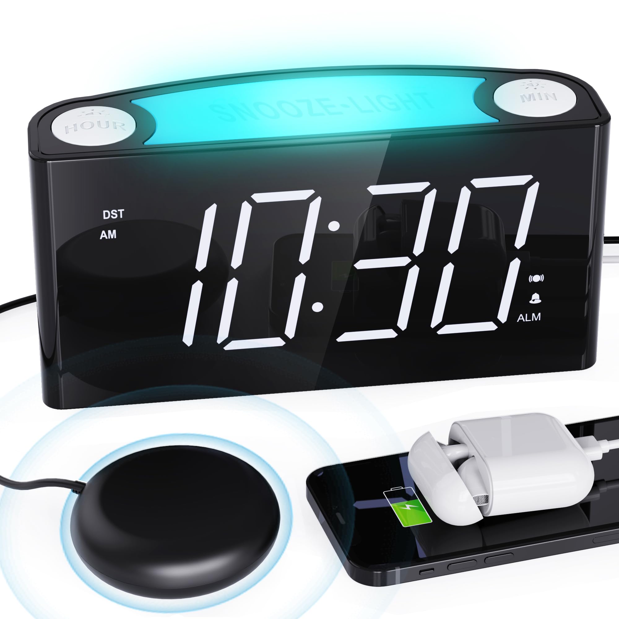 Mesqool Loud Digital Alarm Clocks with Bed Shaker, 3 Awake Modes Alarm Clock for Heavy Sleepersr/Deaf/Hear Impaired, LED Display Bedside Clock with Night Light, USB Port, Snooze, DST, 12/24H