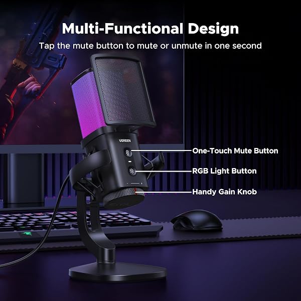 UGREEN USB GAMING MICROPHONE FOR STREAMING & VOICE CHAT, 24BIT/96KHZ CONDENSER MIC WITH QUICK MUTE, ZERO-LATENCY MONITORING, POP FILTER, SHOCK MOUNT, & RGB LIGHT FOR PC, PS5, DISCORD, PODCASTS