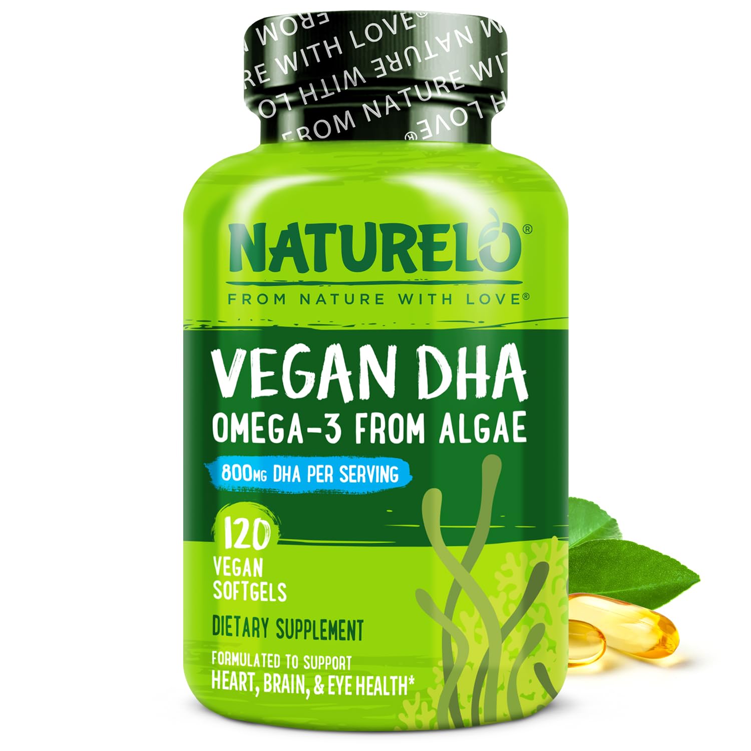 NATURELO Vegan DHA, Vegan Omega 3 Supplement, 120 Softgels, Supports Brain/Heart/Eye Health, Complements Prenatal Vitamins, Essential Fatty Acids, Omega 3 Supplement for Women & Men