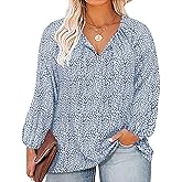 TIYOMI Plus Size Blouses for Women Long Sleeve V Neck Tops Boho Floral Print Chiffon Shirts Drawstring Business Tunics XL-5XL