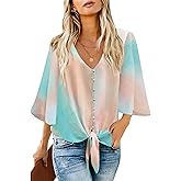 luvamia Women's Casual V Neck Tops 3/4 Sleeve Tie Knot Blouses Solid Button Down Shirts