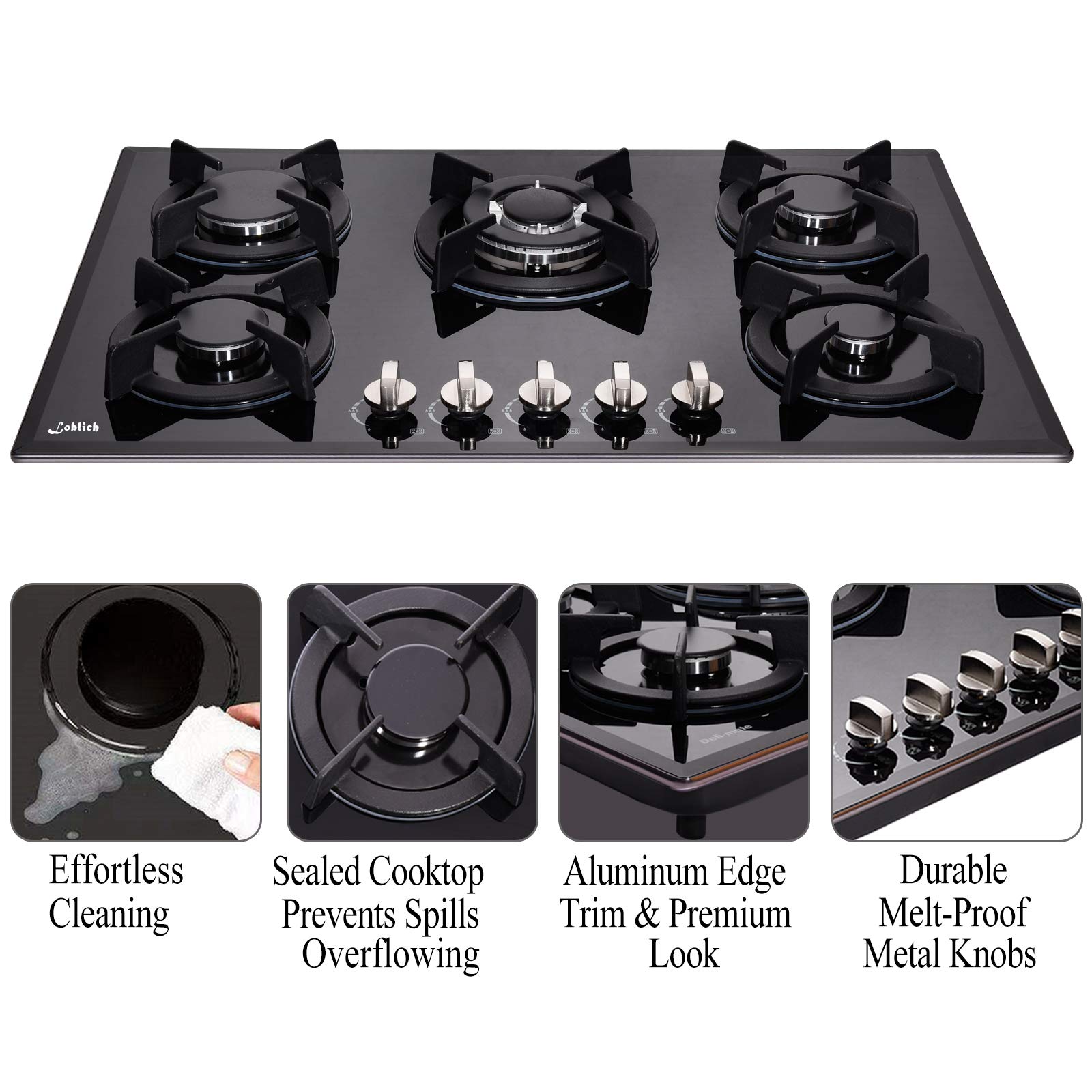 30-inch 5-Burner Built-in Gas Cooktop with Tempered Glass & Cast Iron Grates - LW5G01 (LPG/NG Convertible, Black)